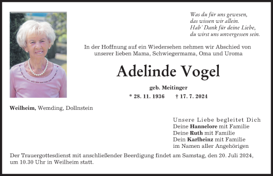 Traueranzeige von Adelinde Vogel von Donauwörther Zeitung