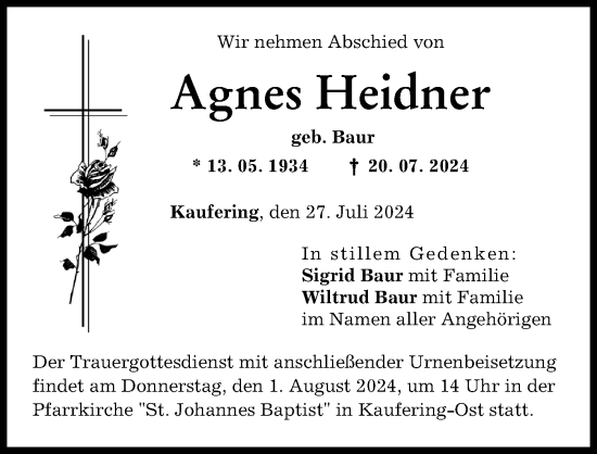 Traueranzeige von Agnes Heidner von Landsberger Tagblatt