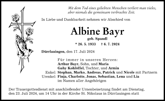 Traueranzeige von Albine Bayr von Günzburger Zeitung