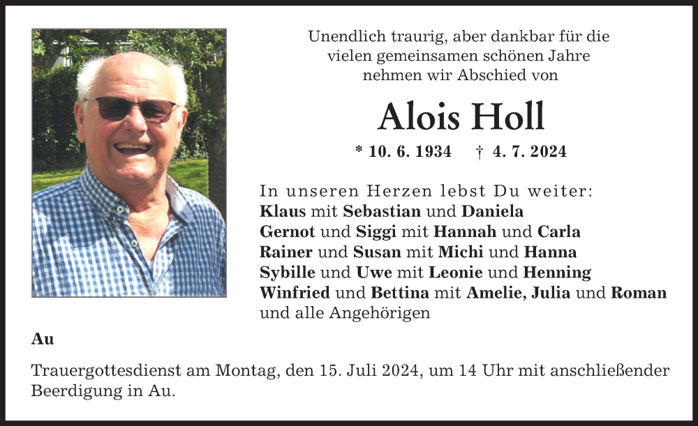  Traueranzeige für Alois Holl vom 10.07.2024 aus Illertisser Zeitung