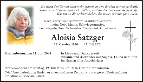 Traueranzeige von Aloisia Satzger von Mindelheimer Zeitung