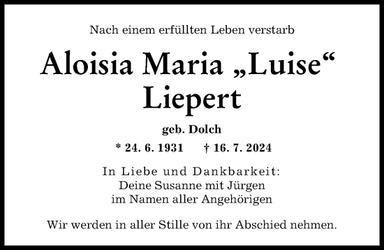 Traueranzeige von Aloisia Maria Liepert von Augsburger Allgemeine