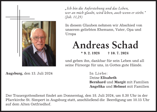 Traueranzeige von Andreas Schad von Augsburger Allgemeine
