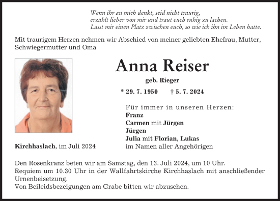 Traueranzeige von Anna Reiser von Illertisser Zeitung