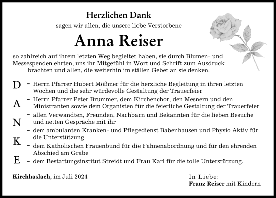 Traueranzeige von Anna Reiser von Illertisser Zeitung