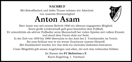 Traueranzeige von Anton Asam von Landsberger Tagblatt