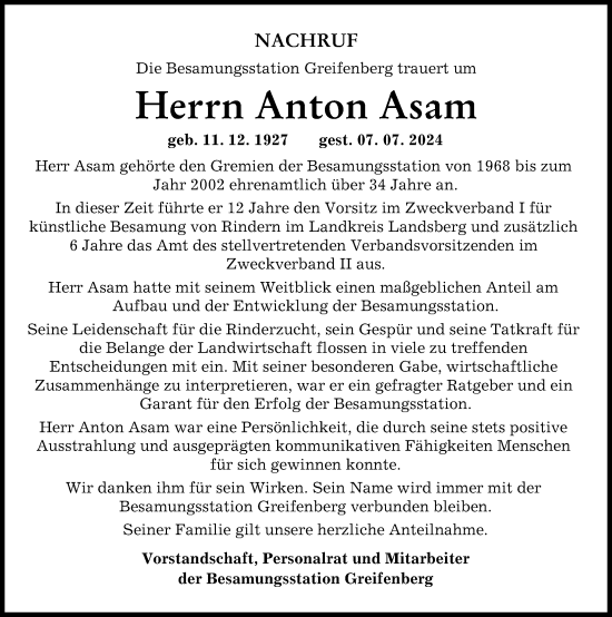 Traueranzeige von Anton Asam von Landsberger Tagblatt