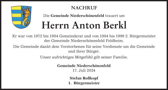 Traueranzeige von Anton Berkl von Donauwörther Zeitung