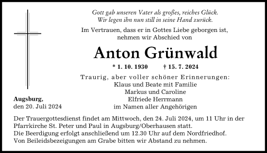 Traueranzeige von Anton Grünwald von Augsburger Allgemeine