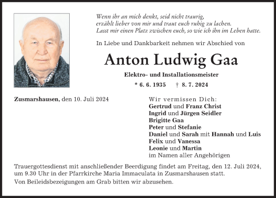 Traueranzeige von Anton Ludwig Gaa von Augsburg-Land