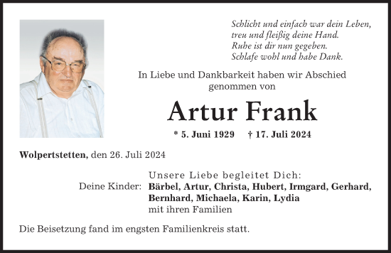 Traueranzeige von Artur Frank von Donau Zeitung