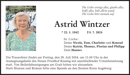Traueranzeige von Astrid Wintzer von Friedberger Allgemeine