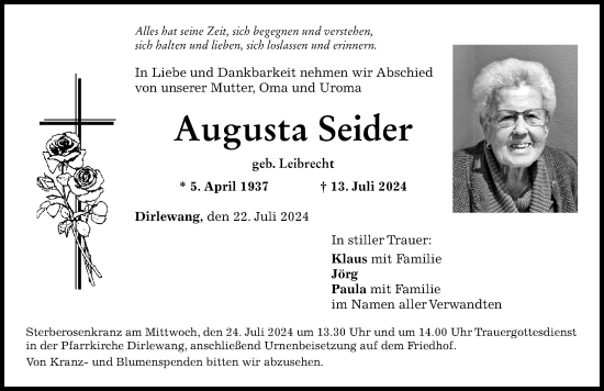 Traueranzeige von Augusta Seider von Mindelheimer Zeitung