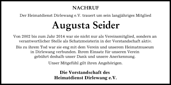 Traueranzeige von Augusta Seider von Mindelheimer Zeitung