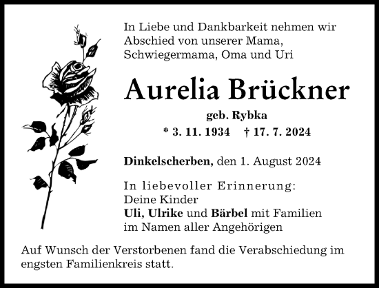 Traueranzeige von Aurelia Brückner von Augsburg-Land