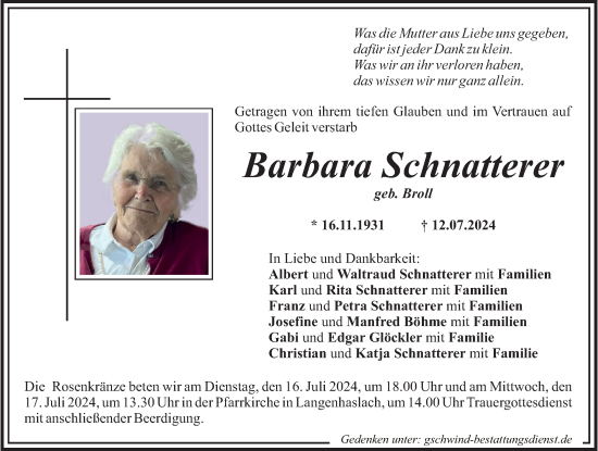 Traueranzeige von Barbara Schnatterer von Mittelschwäbische Nachrichten