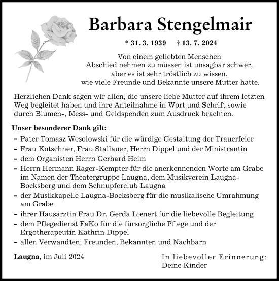 Traueranzeige von Barbara Stengelmair von Wertinger Zeitung
