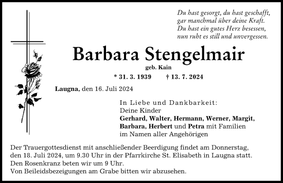 Traueranzeige von Barbara Stengelmair von Wertinger Zeitung