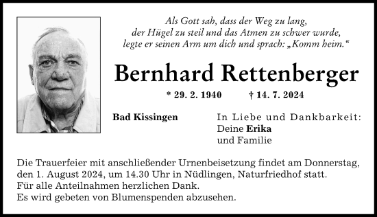 Traueranzeige von Bernhard Rettenberger von Donau Zeitung