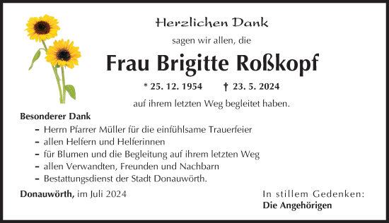 Traueranzeige von Brigitte Roßkopf von Donauwörther Zeitung