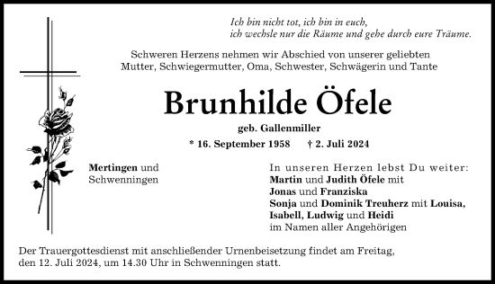 Traueranzeige von Brunhilde Öfele von Donau Zeitung