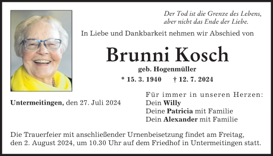 Traueranzeige von Brunni Kosch von Schwabmünchner Allgemeine