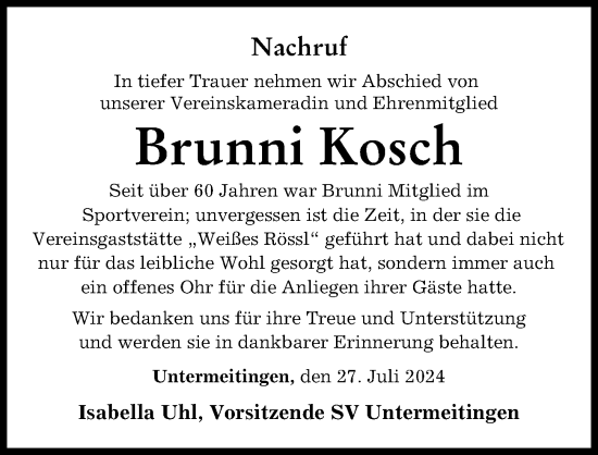 Traueranzeige von Brunni Kosch von Schwabmünchner Allgemeine