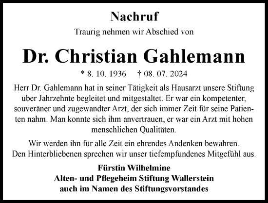 Traueranzeige von Christian Gahlemann von Rieser Nachrichten