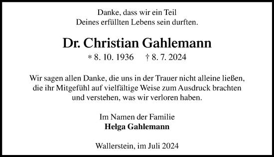 Traueranzeige von Christian Gahlemann von Rieser Nachrichten