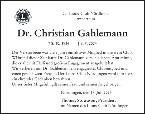 Traueranzeige von Christian Gahlemann von Rieser Nachrichten