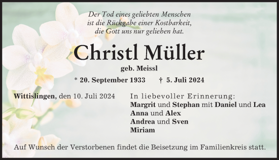 Traueranzeige von Christl Müller von Donau Zeitung