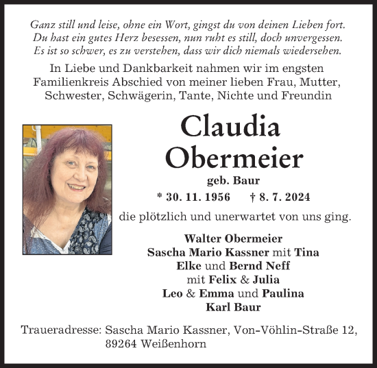 Traueranzeige von Claudia Obermeier von Neu-Ulmer Zeitung