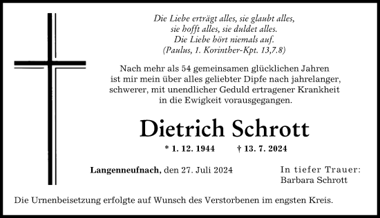 Traueranzeige von Dietrich Schrott von Schwabmünchner Allgemeine, Augsburger Allgemeine