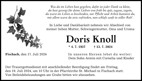 Traueranzeige von Doris Knoll von Augsburger Allgemeine