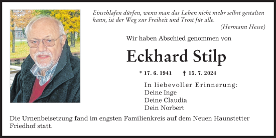Traueranzeige von Eckhard Stilp von Augsburger Allgemeine
