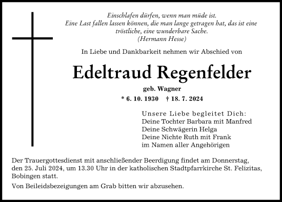 Traueranzeige von Edeltraud Regenfelder von Augsburger Allgemeine