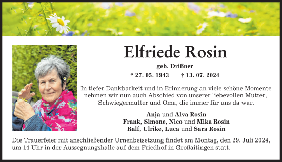 Traueranzeige von Elfriede Rosin von Schwabmünchner Allgemeine