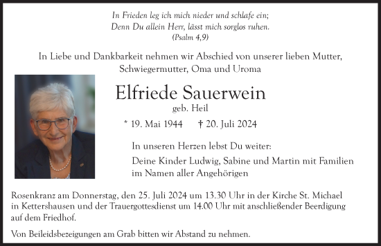 Traueranzeige von Elfriede Sauerwein von Illertisser Zeitung