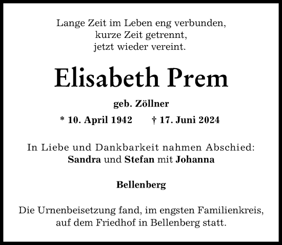 Traueranzeige von Elisabeth Prem von Illertisser Zeitung