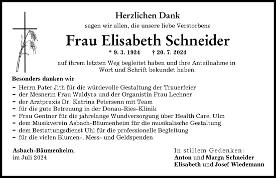 Traueranzeige von Elisabeth Schneider von Donauwörther Zeitung