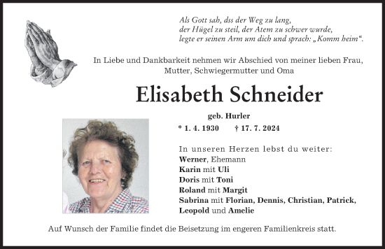 Traueranzeige von Elisabeth Schneider von Donauwörther Zeitung