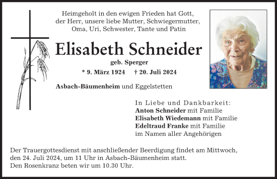 Traueranzeige von Elisabeth Schneider von Donauwörther Zeitung