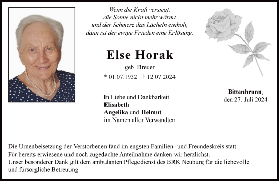 Traueranzeige von Else Horak von Neuburger Rundschau