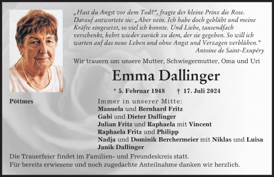 Traueranzeige von Emma Dallinger von Aichacher Nachrichten