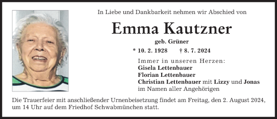 Traueranzeige von Emma Kautzner von Schwabmünchner Allgemeine