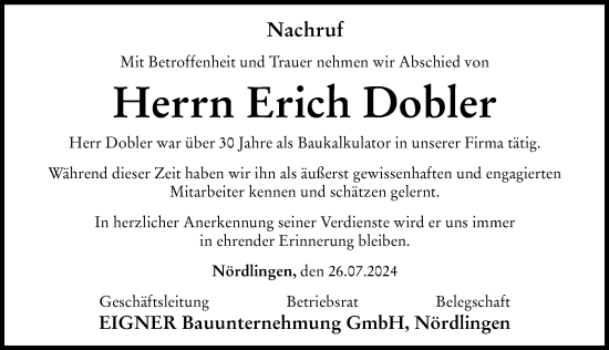 Traueranzeige von Erich Dobler von Rieser Nachrichten