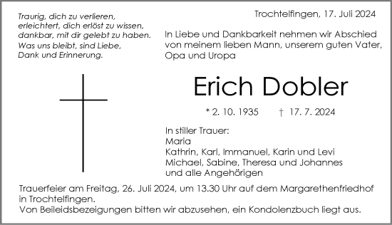 Traueranzeige von Erich Dobler von Rieser Nachrichten