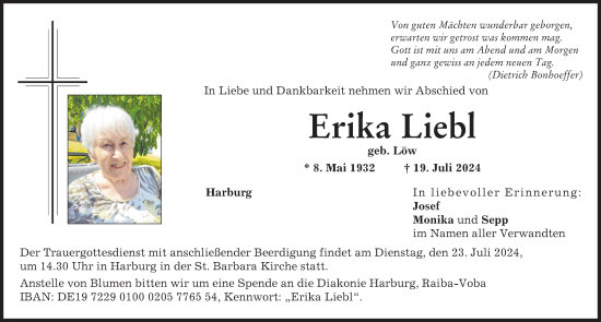 Traueranzeige von Erika Liebl von Rieser Nachrichten, Donauwörther Zeitung
