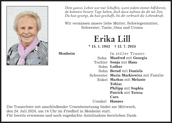 Traueranzeige von Erika Lill von Donauwörther Zeitung