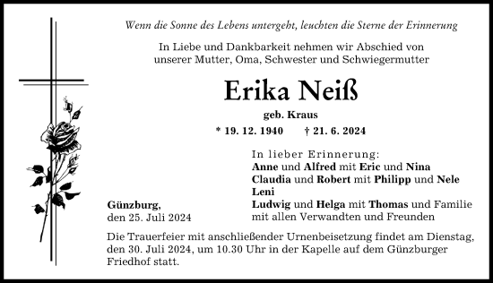 Traueranzeige von Erika Neiß von Günzburger Zeitung